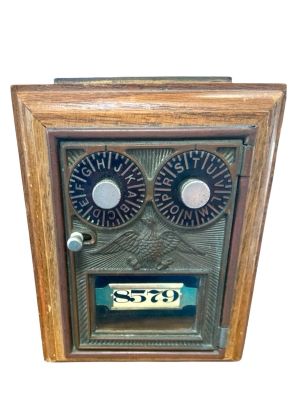 Vintage Post Office Lockbox Coin Bank Wood & Brass Keyless Lock Continental Gum